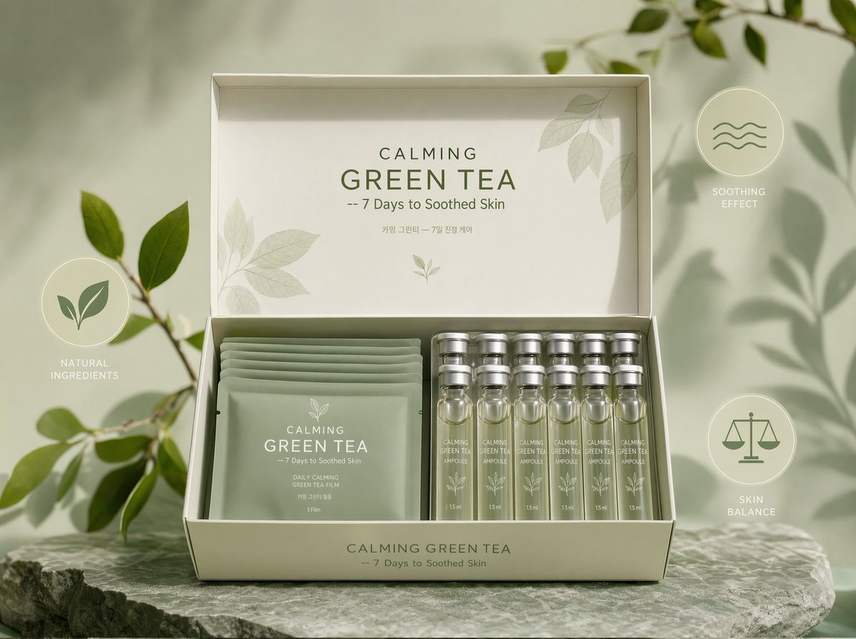 CALMING GREEN TEA Film Kit displayed frontally, the open box shows soft sage-... — GPT Image 2 example by @ZaraIrahh
