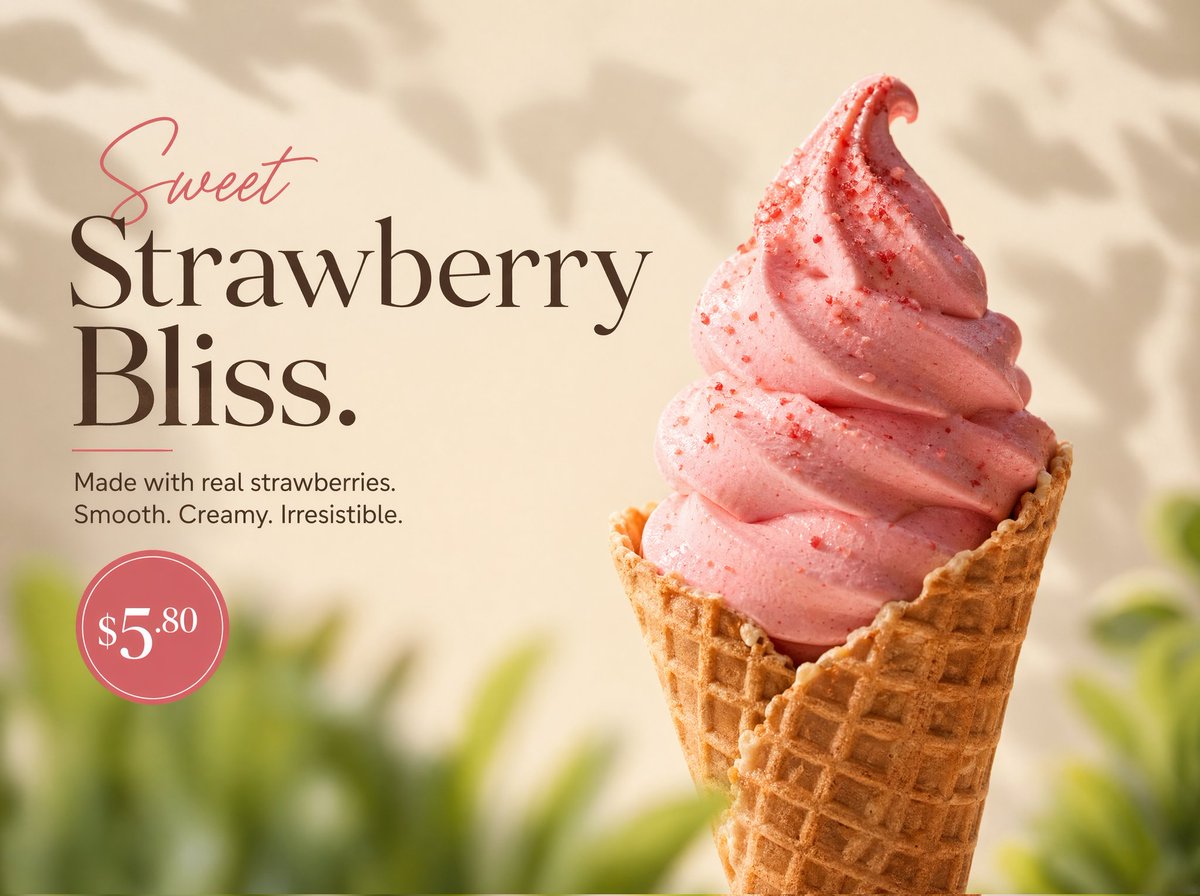 Ultra-realistic product photography of a rich strawberry soft-serve ice cream... — GPT Image 2 example by @ZaraIrahh