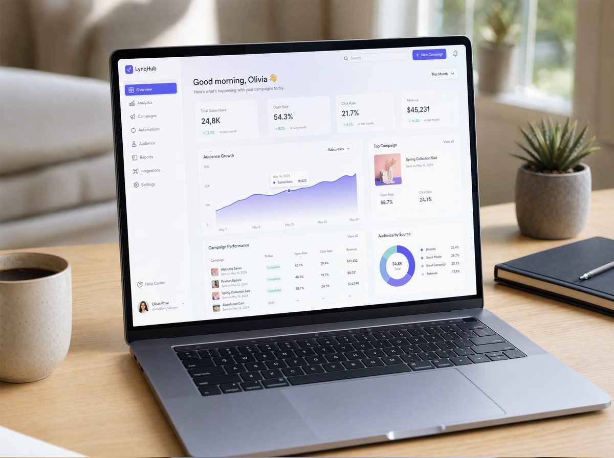 A hyper-realistic UI/UX mockup displayed on a slim modern laptop placed on a ... — GPT Image 2 example by @ZaraIrahh