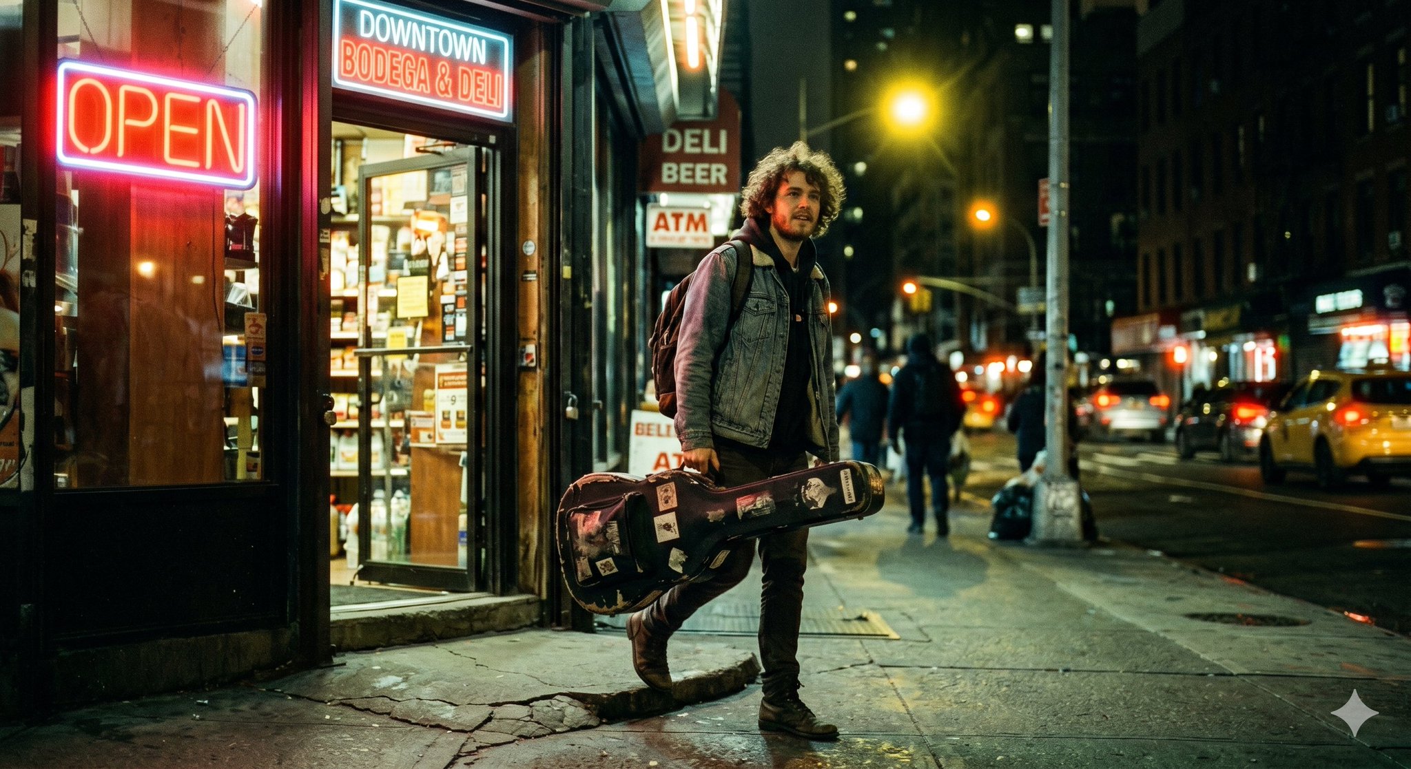Musician Leaving Bodega Night Cinematic Portrait — GPT Image 2 example by @commanderdgr8