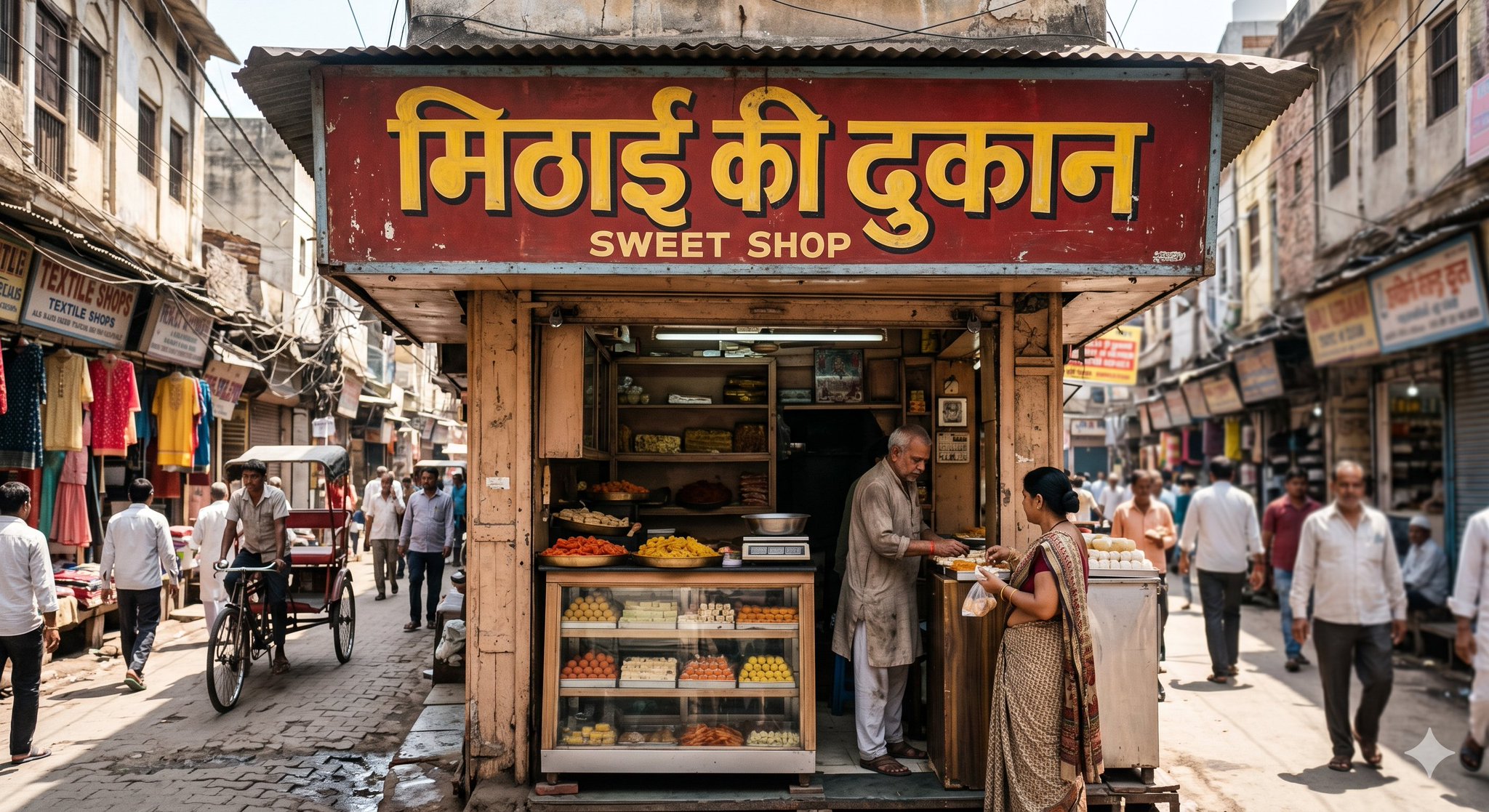 Old Delhi Sweet Shop Storefront Documentary Photo — GPT Image 2 example by @commanderdgr8