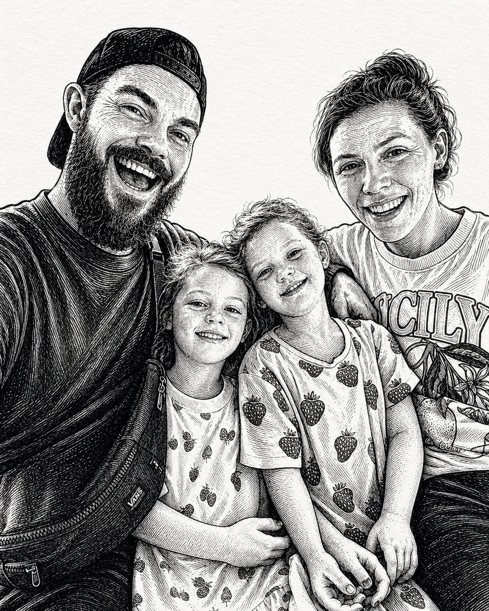 Ink-Etched Family Portrait — GPT Image 2 example by @gdb
