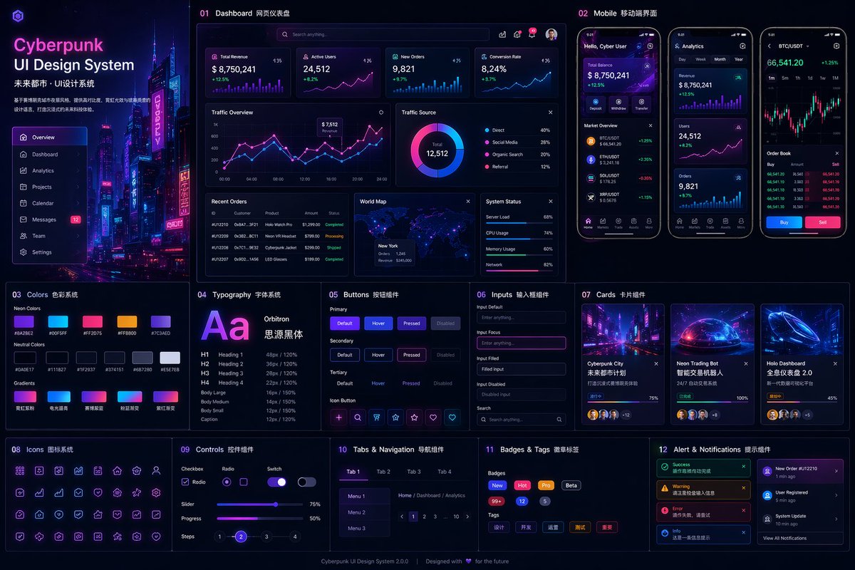Cyberpunk Neon UI Design System — GPT Image 2 example by @AZLnfvp
