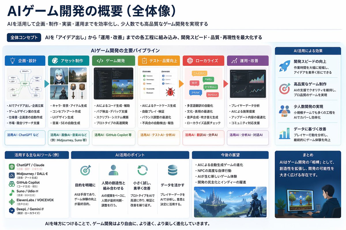 Japanese AI Game Dev Overview Slide Prompt — GPT Image 2 example by @ailovedirector